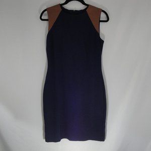 LAUREN RALPH Dress Navy Blue Sheath 8 Tan Leather